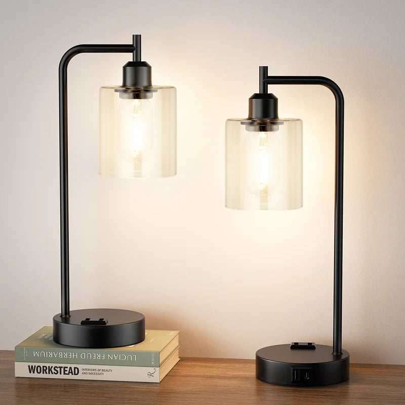 16.5-Inch Industrial Glass Bedside Table Lamps with Touch Control, AC Outlet, and USB-A & USB-C Charging Ports (Set of 2)