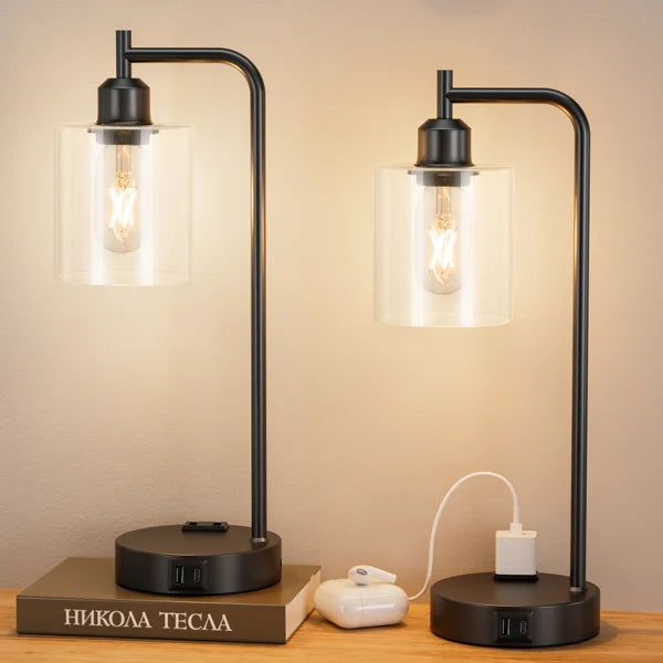 16.5-Inch Industrial Glass Bedside Table Lamps with Touch Control, AC Outlet, and USB-A & USB-C Charging Ports (Set of 2)