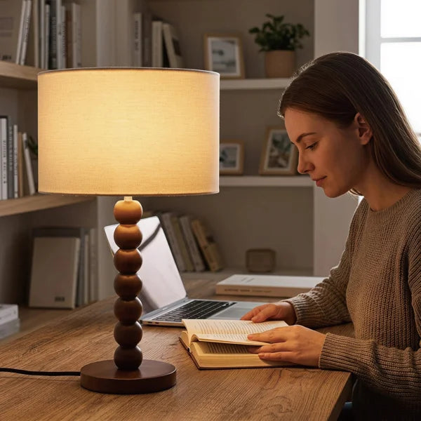 17.5-Inch Retro Walnut Rubberwood Table Lamp with Sculptural Stacked-Sphere Base and Beige Linen Drum Shade