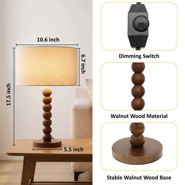 17.5-Inch Retro Walnut Rubberwood Table Lamp with Sculptural Stacked-Sphere Base and Beige Linen Drum Shade