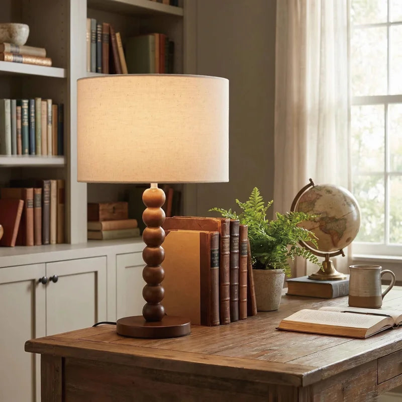 17.5-Inch Retro Walnut Rubberwood Table Lamp with Sculptural Stacked-Sphere Base and Beige Linen Drum Shade