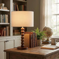17.5-Inch Retro Walnut Rubberwood Table Lamp with Sculptural Stacked-Sphere Base and Beige Linen Drum Shade