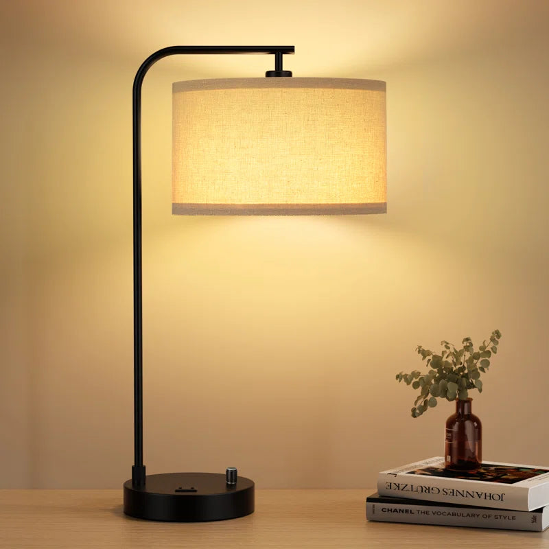 20.7-Inch Modern Black Table Lamp with Dimming Knob, AC Outlet, and USB-A & USB-C Charging Ports