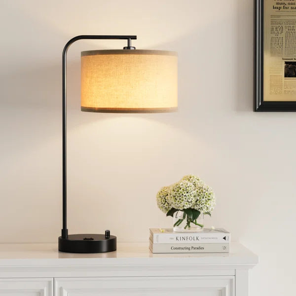 20.7-Inch Modern Black Table Lamp with Dimming Knob, AC Outlet, and USB-A & USB-C Charging Ports