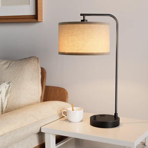 20.7-Inch Modern Black Table Lamp with Dimming Knob, AC Outlet, and USB-A & USB-C Charging Ports